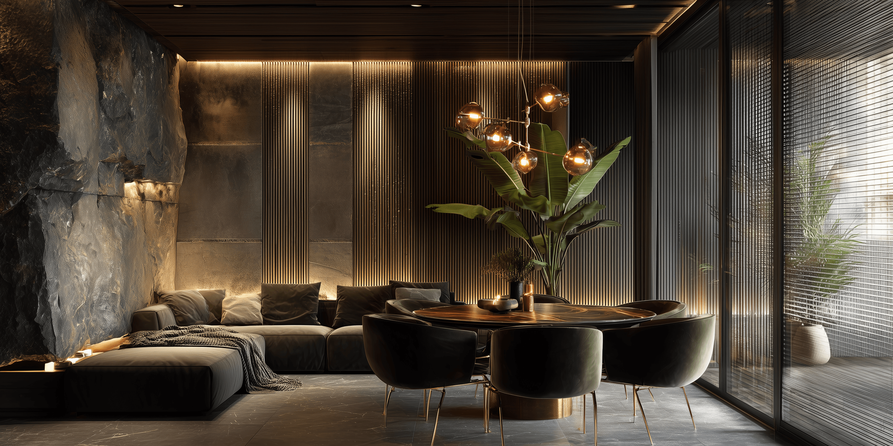 A living room with a couch a table and chairs