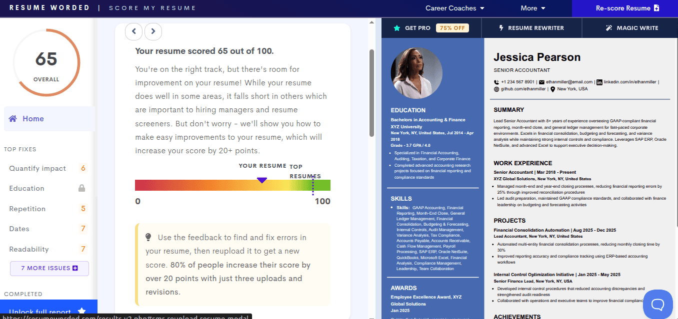 Resume Worded dashboard showing 65 out of 100 resume score