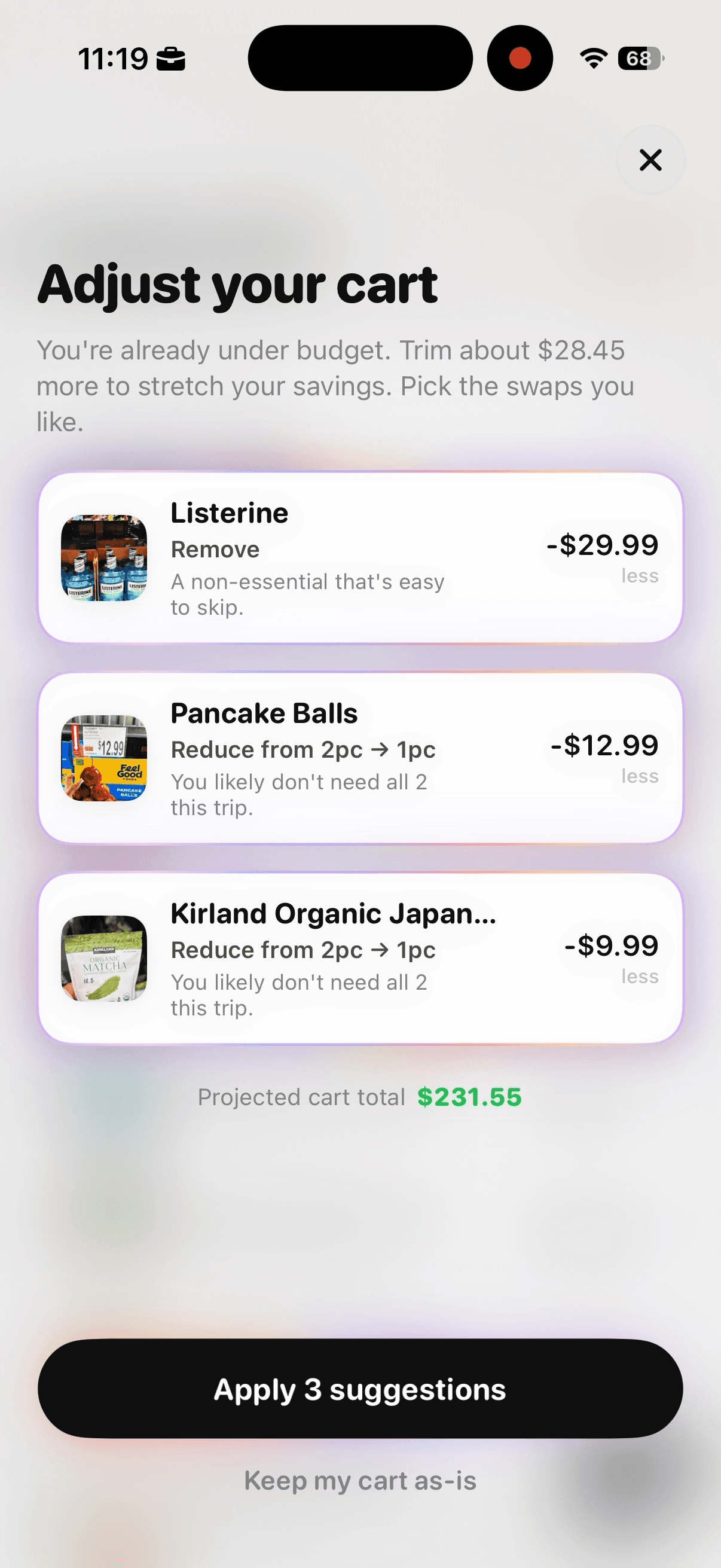 Cart AI Adjust Cart screen with three suggestions selected and an updated projected cart total.