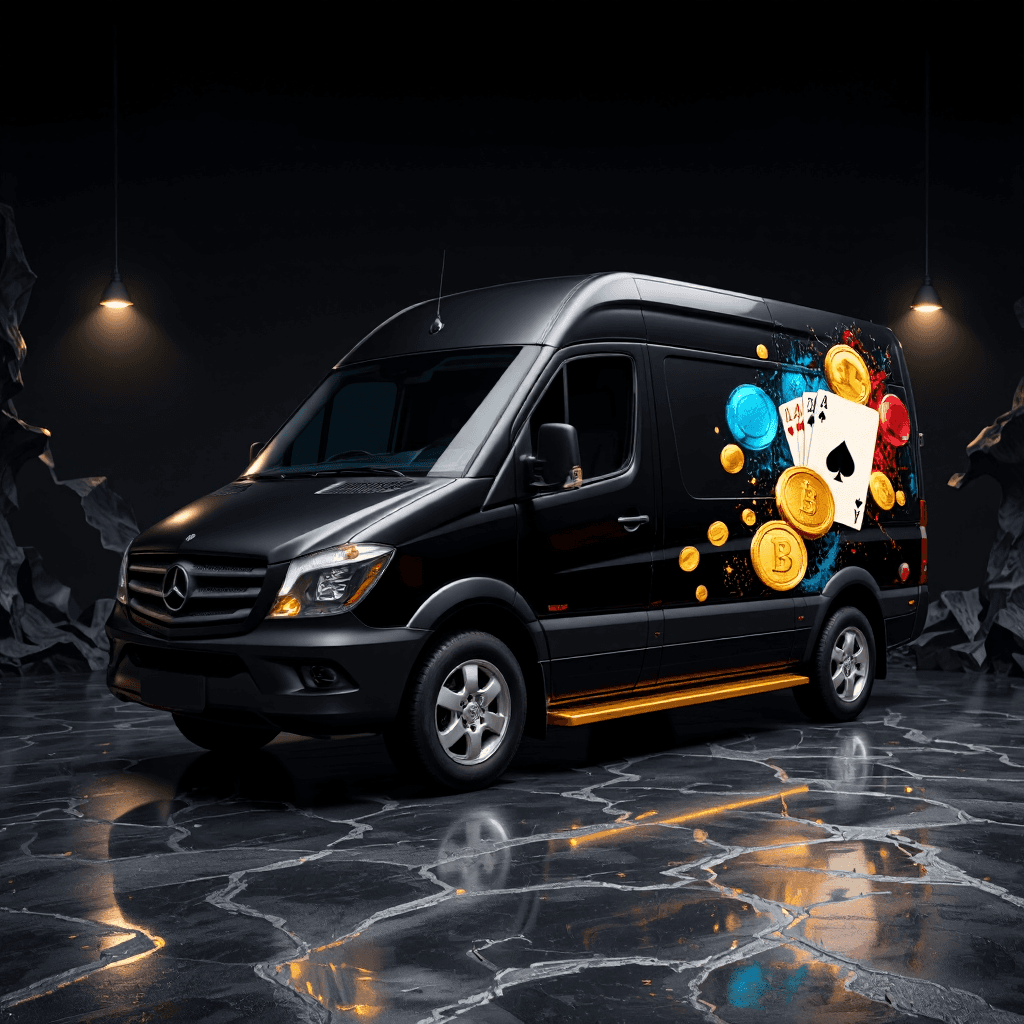 product photography of a delivery van with a decorative design featuring coins and playing cards. golden side bar