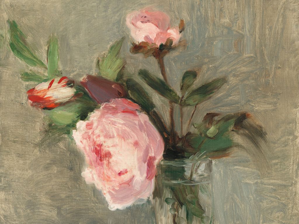 oil painting of pink roses in a clear vase