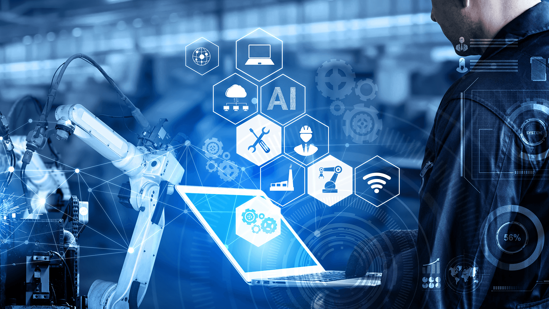 A person interacting with a holographic interface displaying digital icons and data in a futuristic setting.