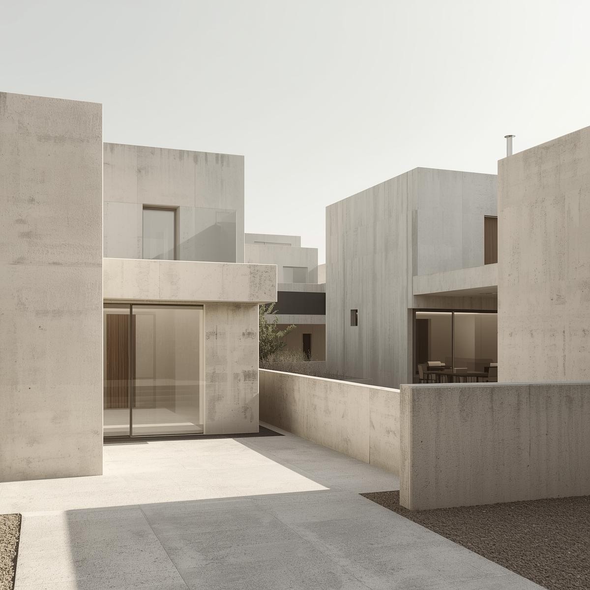 Raw brutalist-style home showcasing textured concrete walls and warm interior tones