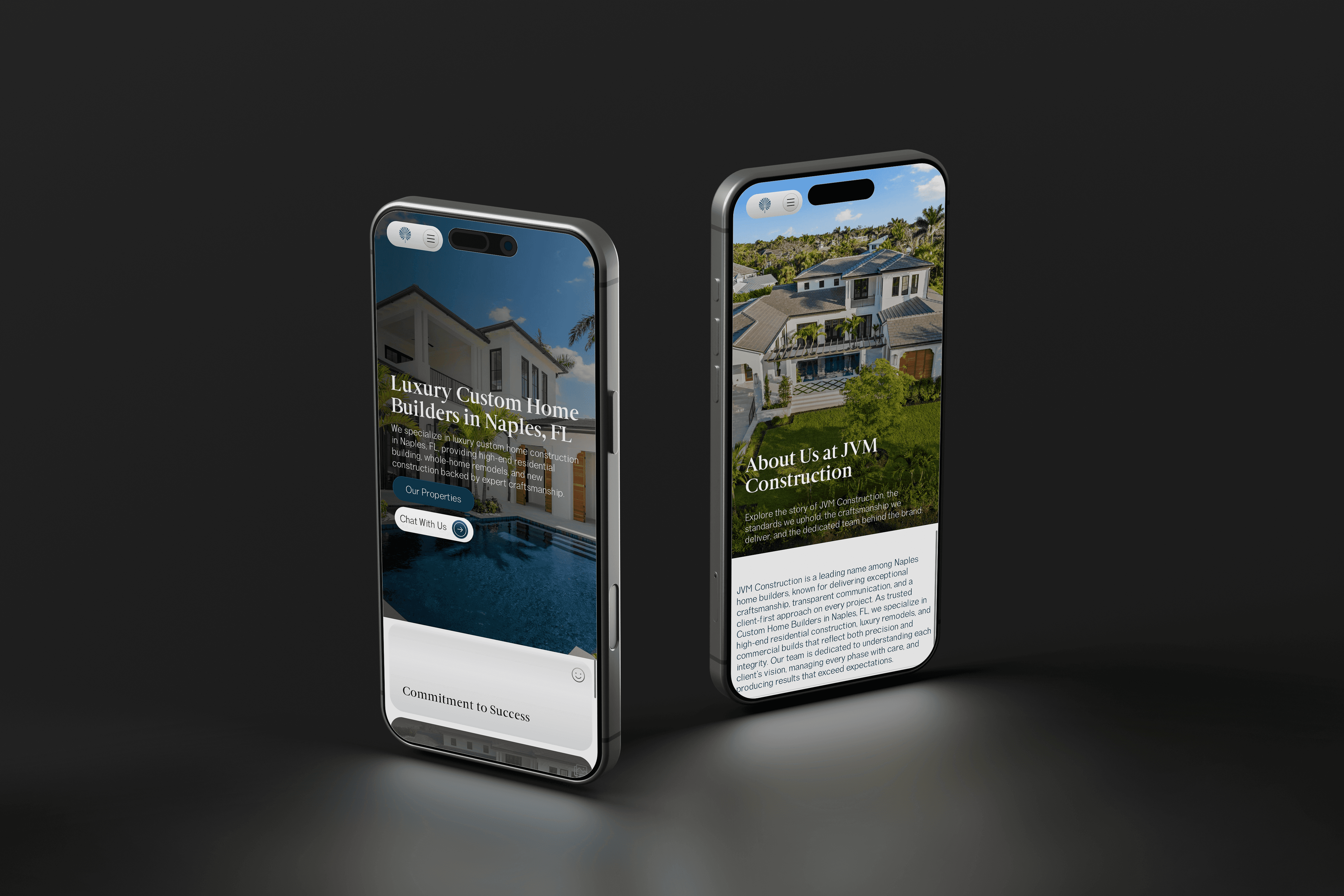 two phones in a dark room displaying a website on different pages