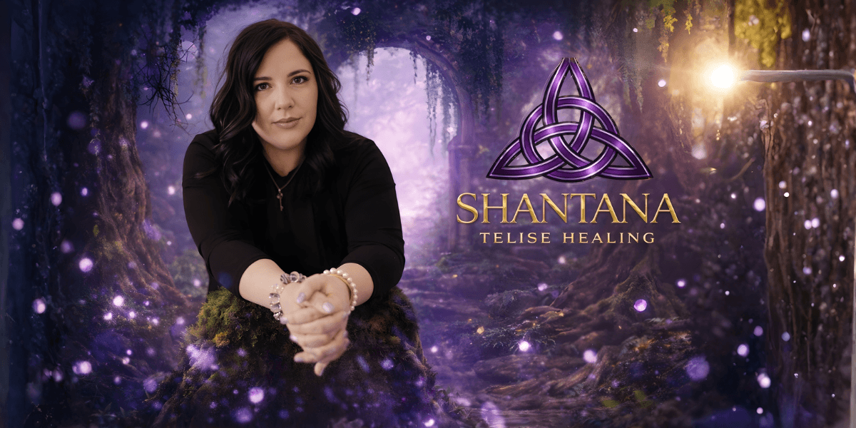 Shantana Telise, Quantum Channel and Healer, in a mystical forest setting promoting her spiritual healing services.