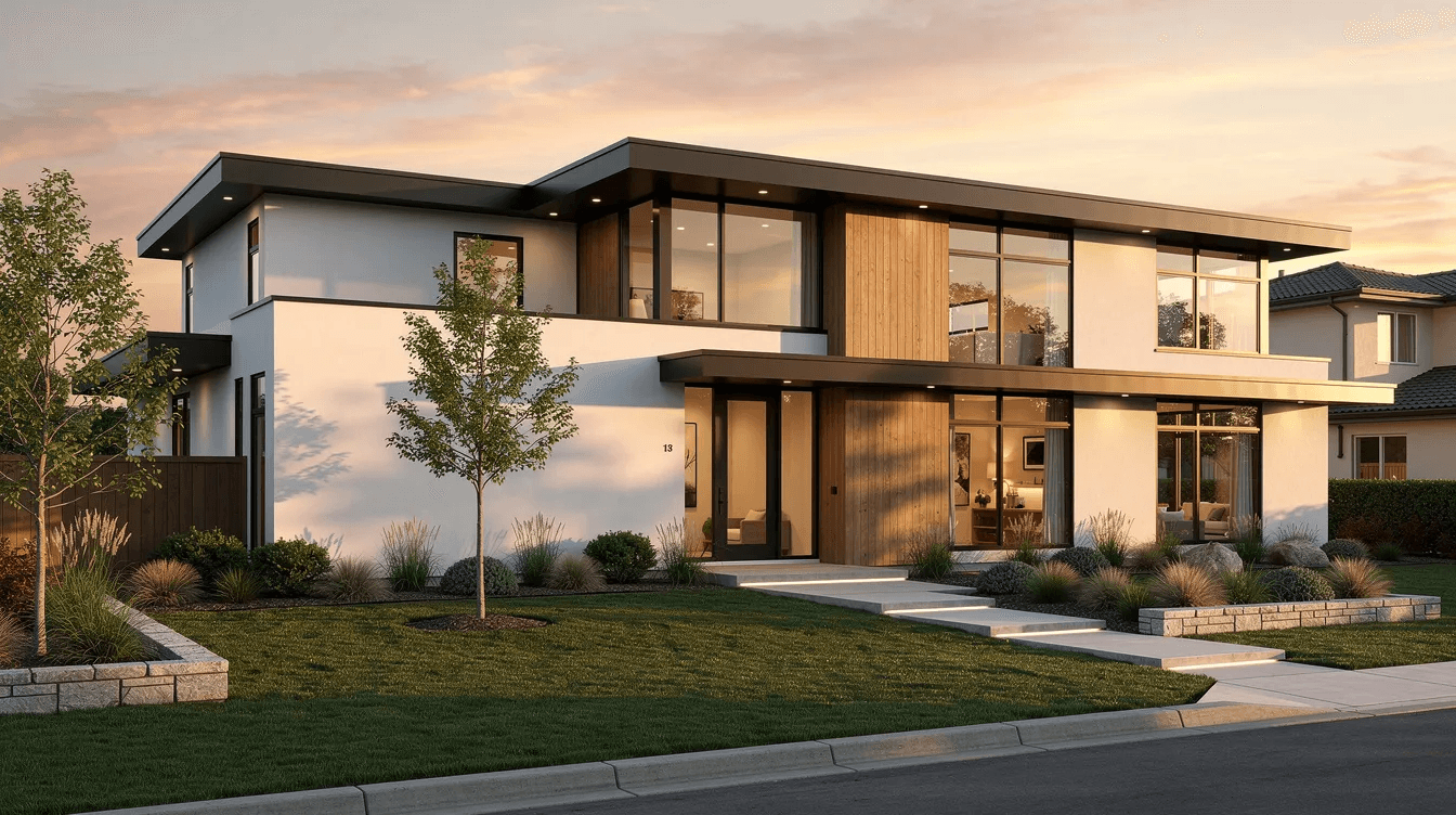 The image depicts a beautifully designed modern custom home exterior, showcasing quality craftsmanship and energy-efficient features, surrounded by well-maintained landscaping bathed in warm light during the golden hour. This dream home is a testament to the expertise of home builders and industry professionals committed to excellence in the residential construction industry.
