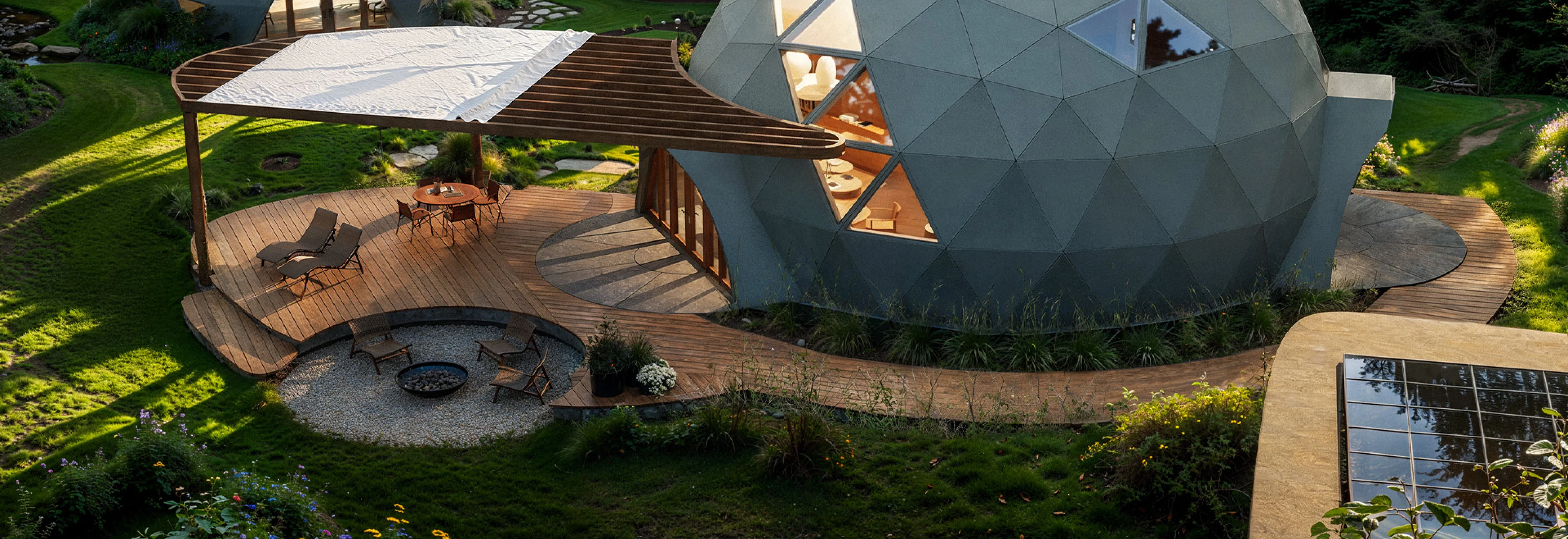 A serene landscape features two dome-shaped structures amidst lush greenery.