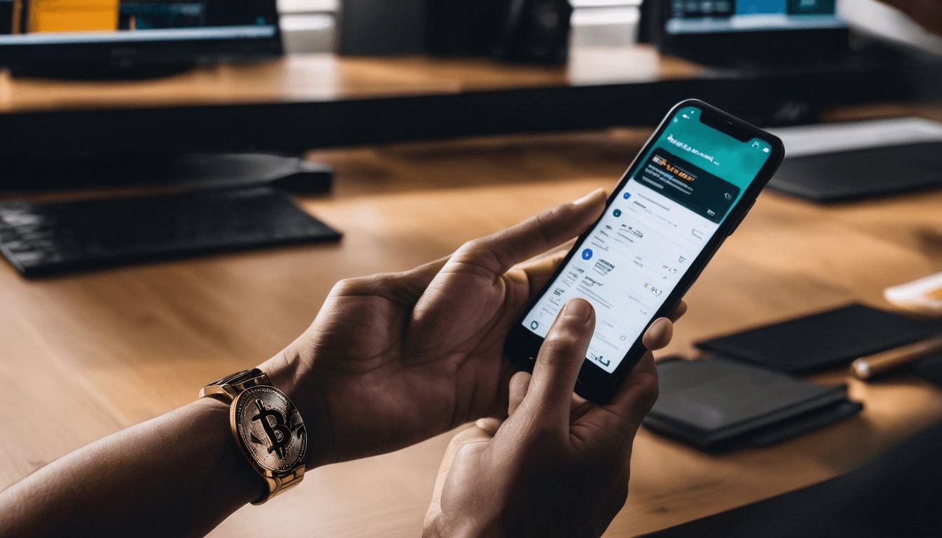 Person using smartphone wearing Bitcoin watch - How to Bet on Polymarket in the US