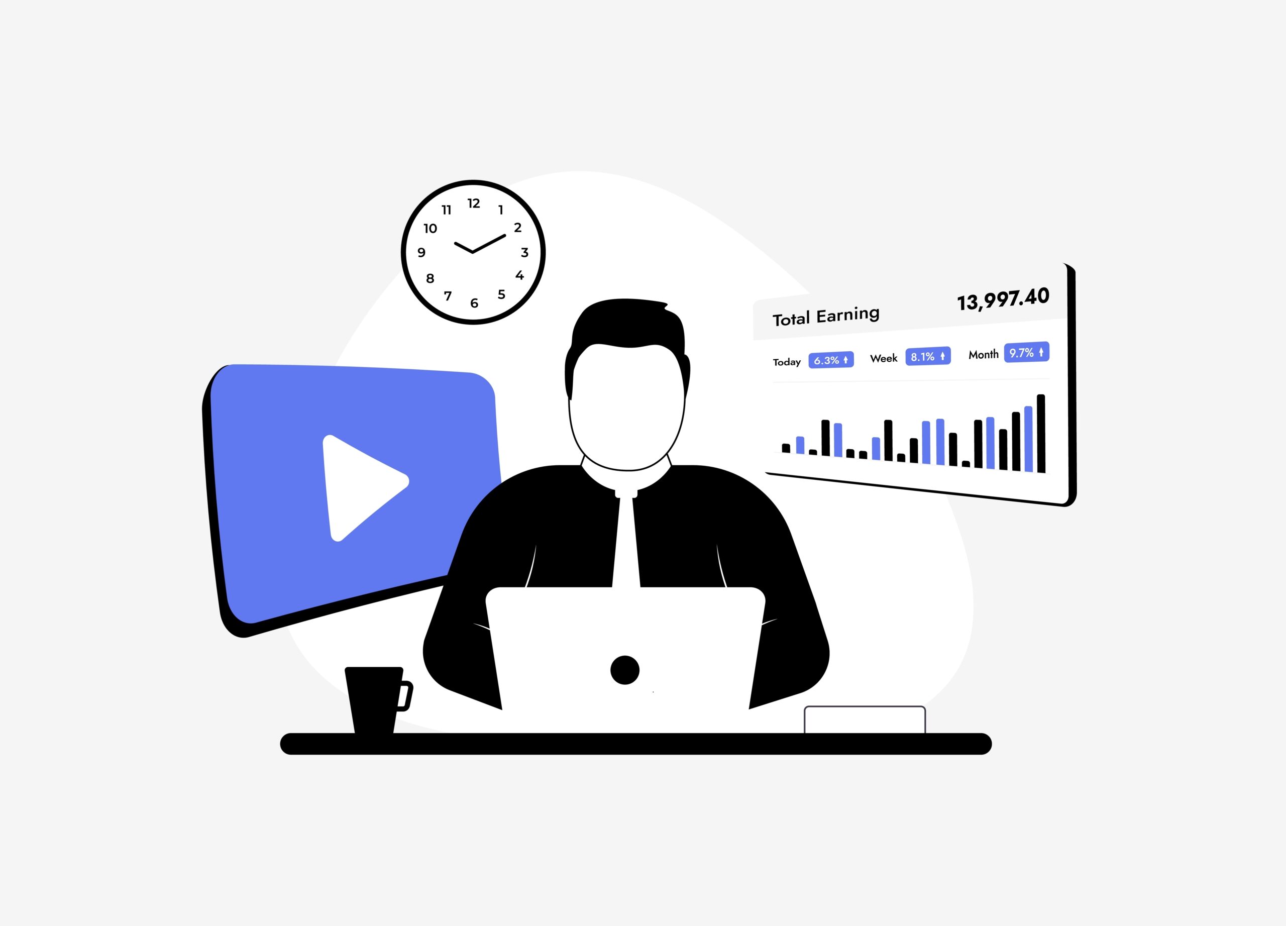 Ilustracja twórcy przy laptopie, obok odtwarzacz wideo i wykres wyników