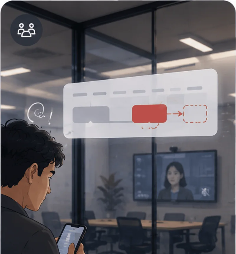 A meeting slot turning red and moving on a floating schedule inside a glass meeting room