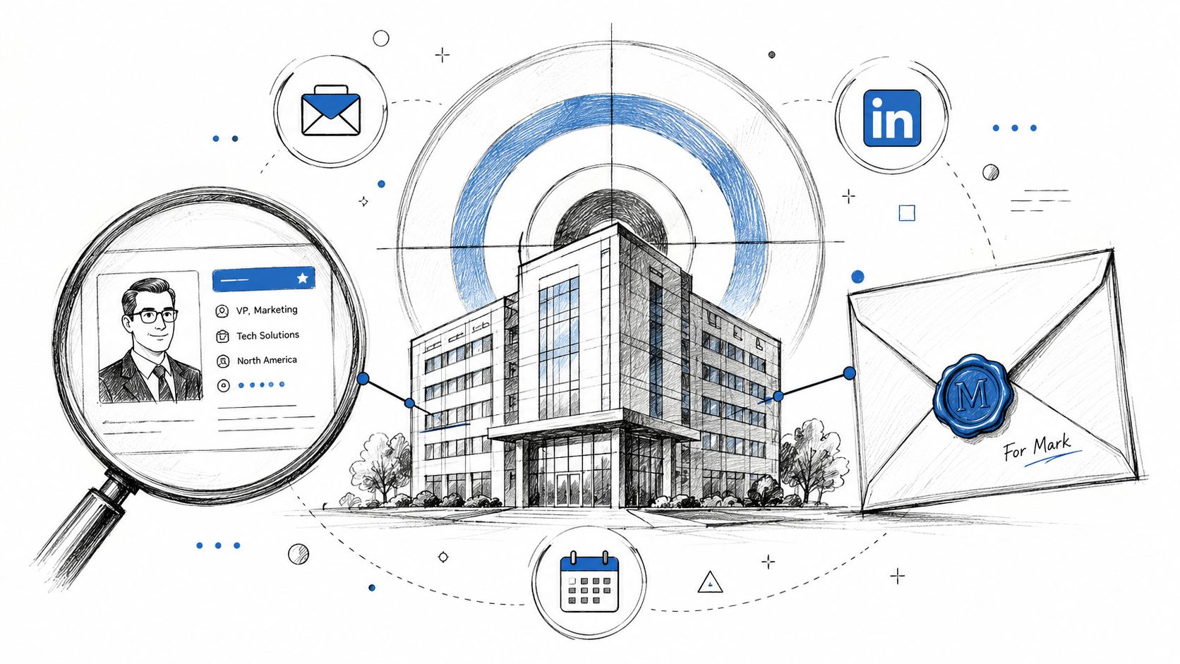 A professional illustration of a business building connected to LinkedIn, email, and a personalized letter for marketing.