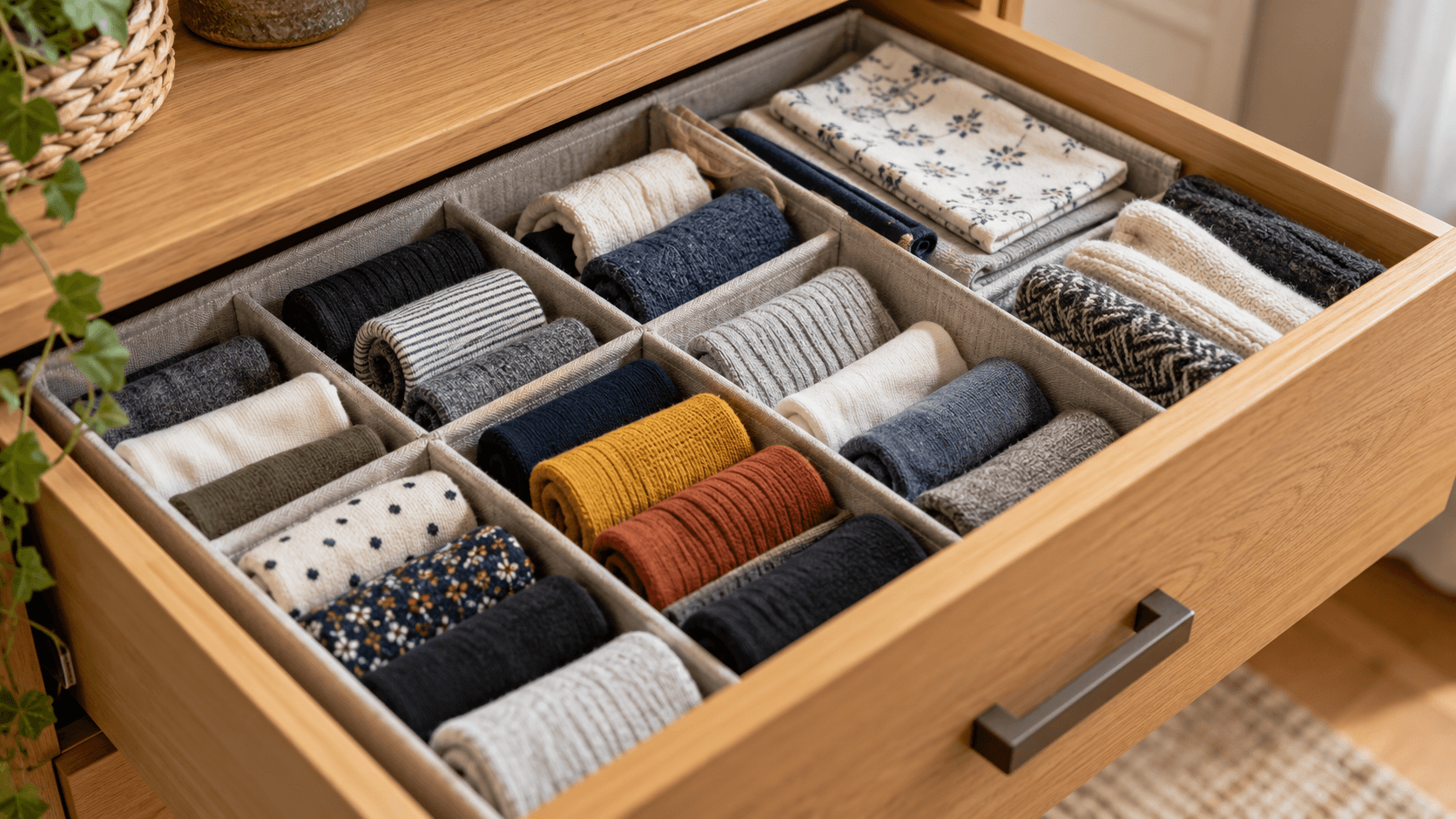 Un tiroir de commode organise de petits textiles pliés et roulés dans des séparateurs en tissu.