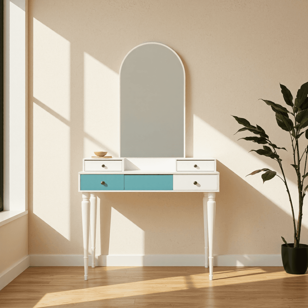 product photography of a vanity table with a mirror and storage drawers