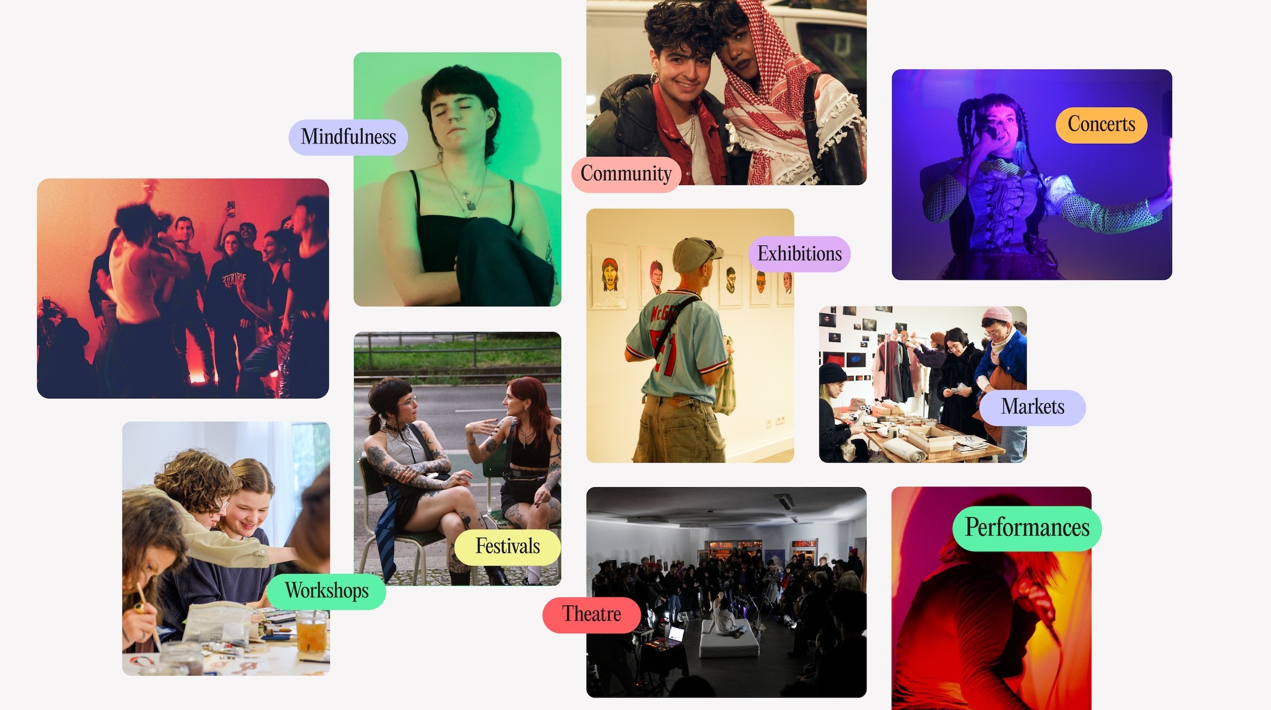 Scattered photo cards of events labelled Mindfulness, Concerts, Markets, Workshops, Festivals, Theatre