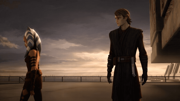 Ahsoka walking way from Anakin on a platform with a sunset in the background