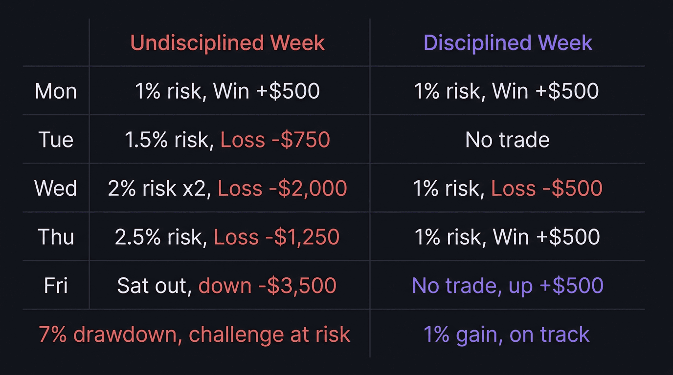 Comparison table of disciplined versus undisciplined challenge week showing daily trades and outcomes