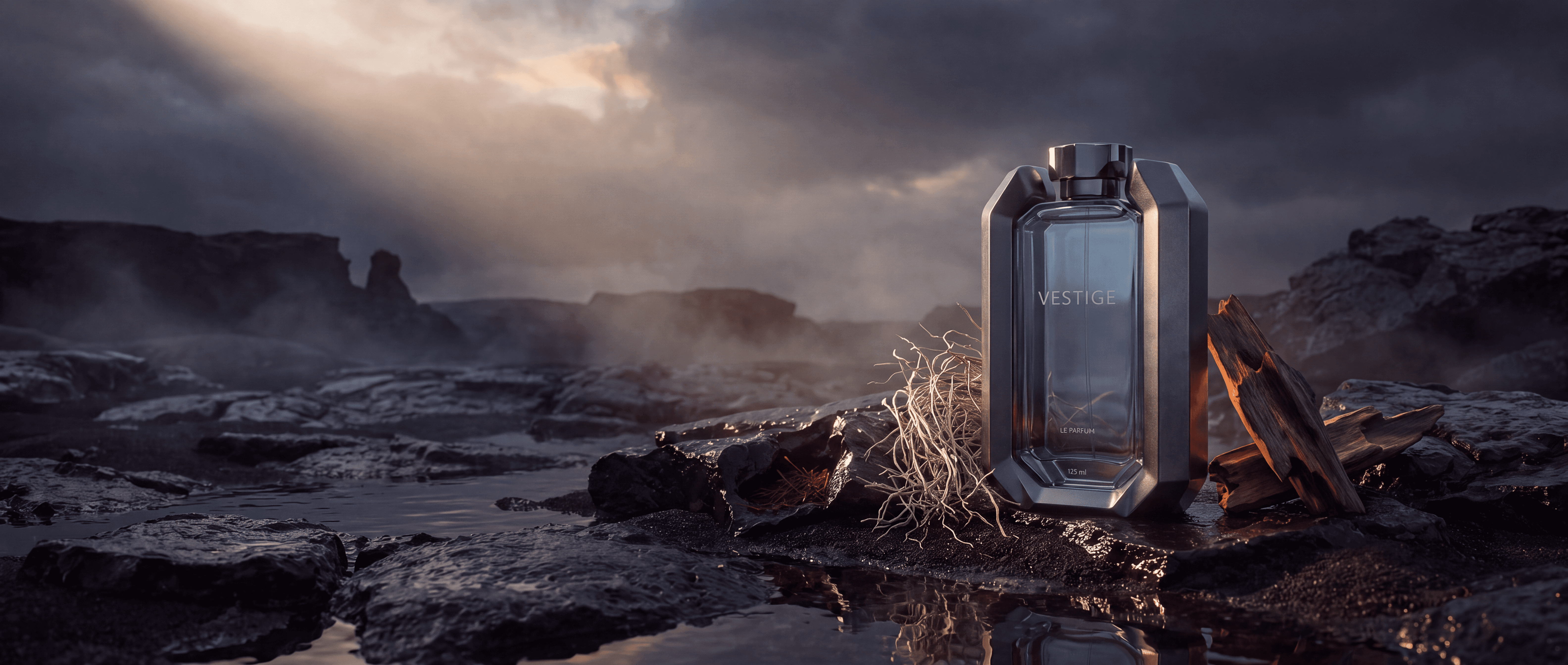 VESTIGE fragrance bottle in a volcanic landscape under cinematic light.
