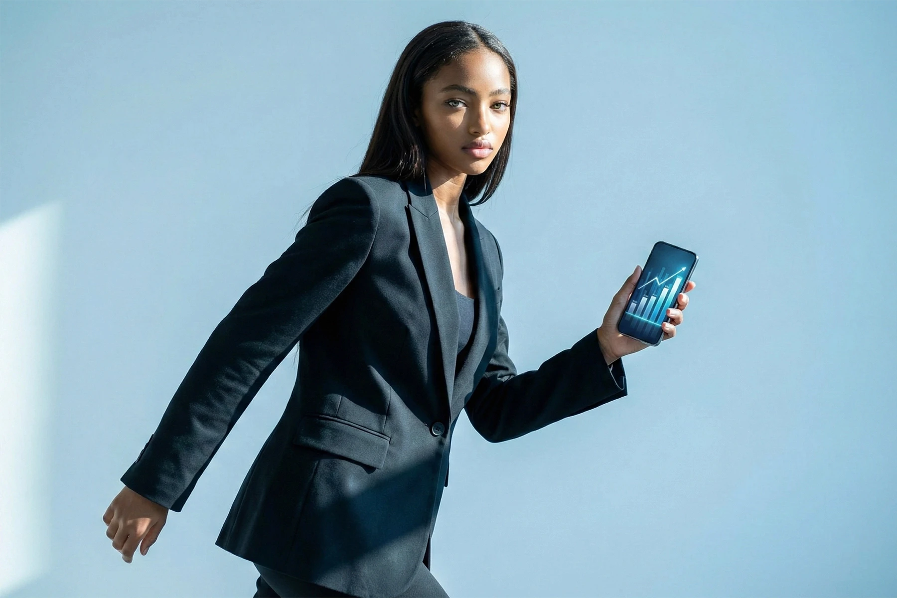 Frau im Business-Outfit hält ein Smartphone mit steigender Grafik – modernes Grafikdesign für professionelle Markenauftritte.