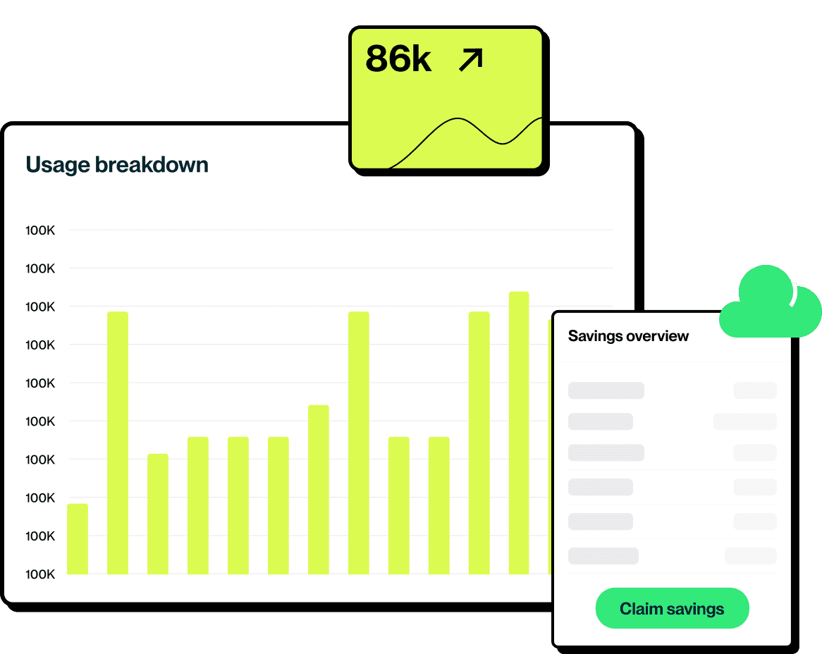 The image shows a data dashboard featuring a bar chart titled "Usage breakdown" with fluctuating data points, alongside a panel displaying a savings overview and a cloud icon, illustrating cloud cost optimization.