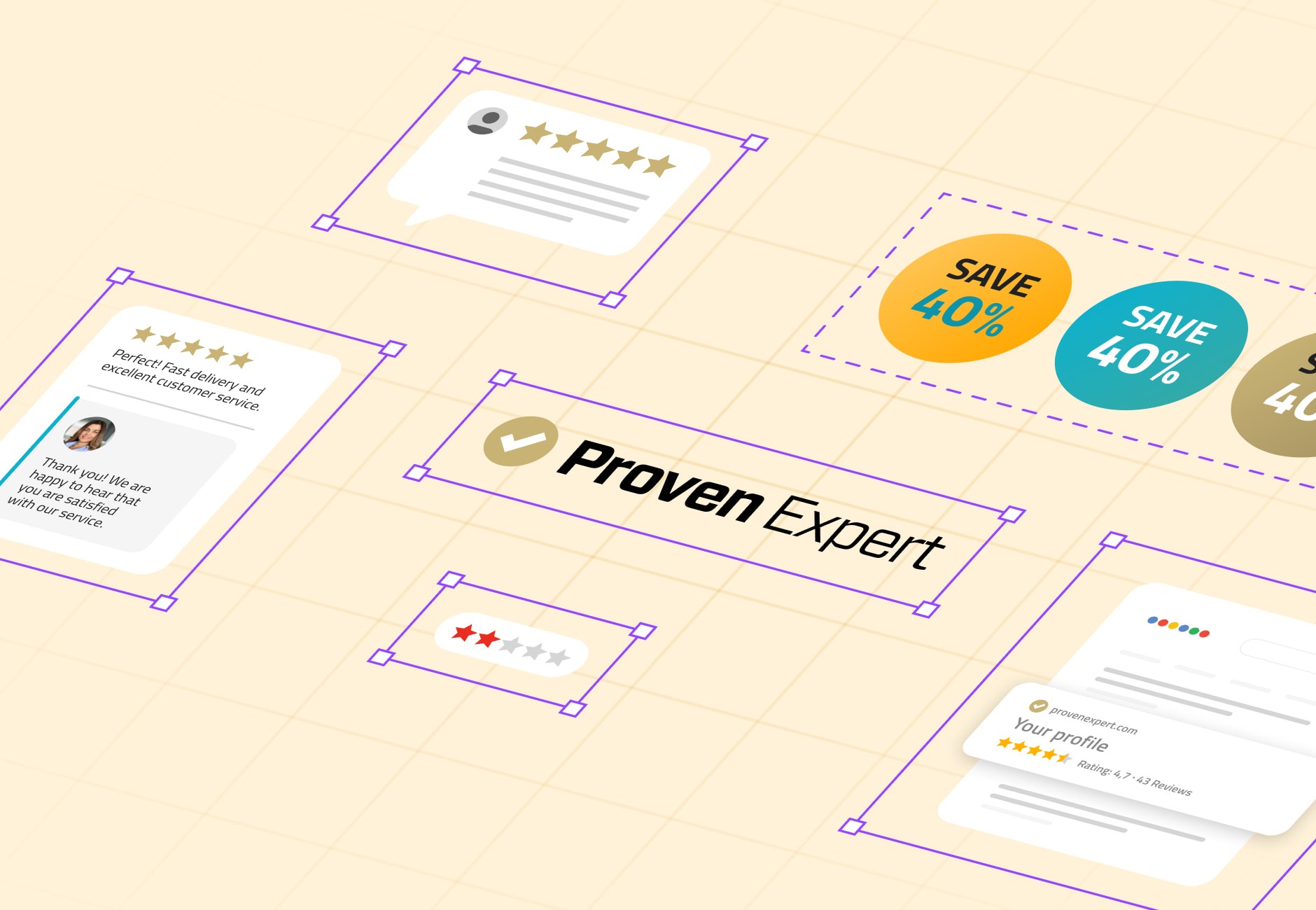 Isometric presentation of the Marketing Design Library, showcasing logo components, multi-color icons, and a discount badge on a light orange background.