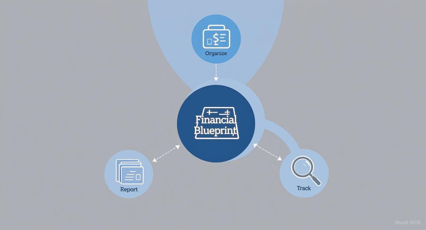 Flowchart illustrating a financial blueprint with steps to organize, report, and track finances.