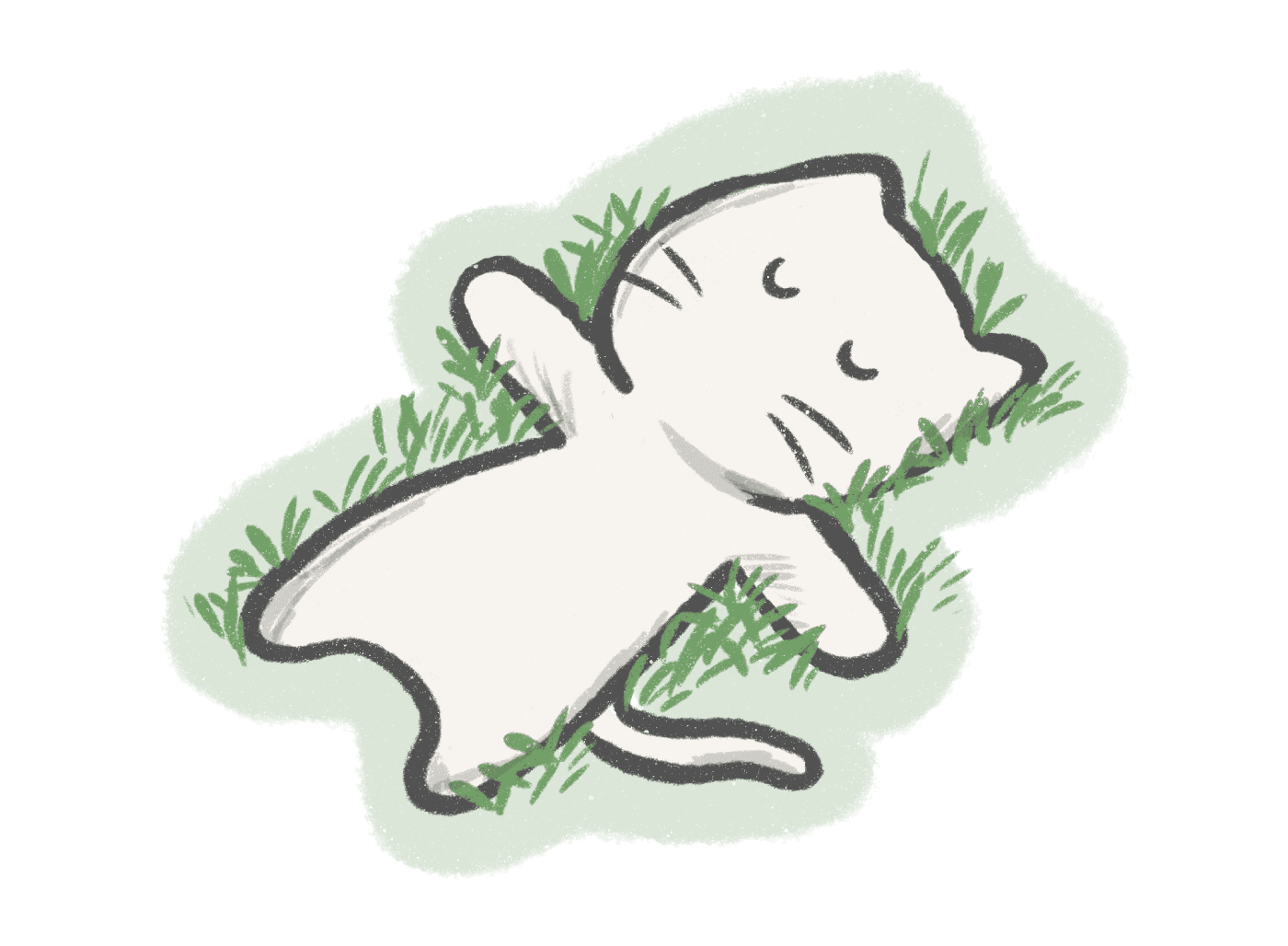 An illustration of a white cat lying on its back in the grass, eyes closed, paws spread out.