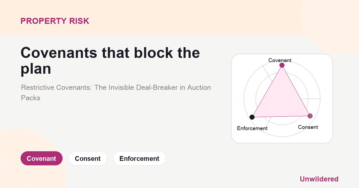 Explainer card for Restrictive Covenants: The Invisible Deal-Breaker in Auction Packs: Covenant, Consent, Enforcement.