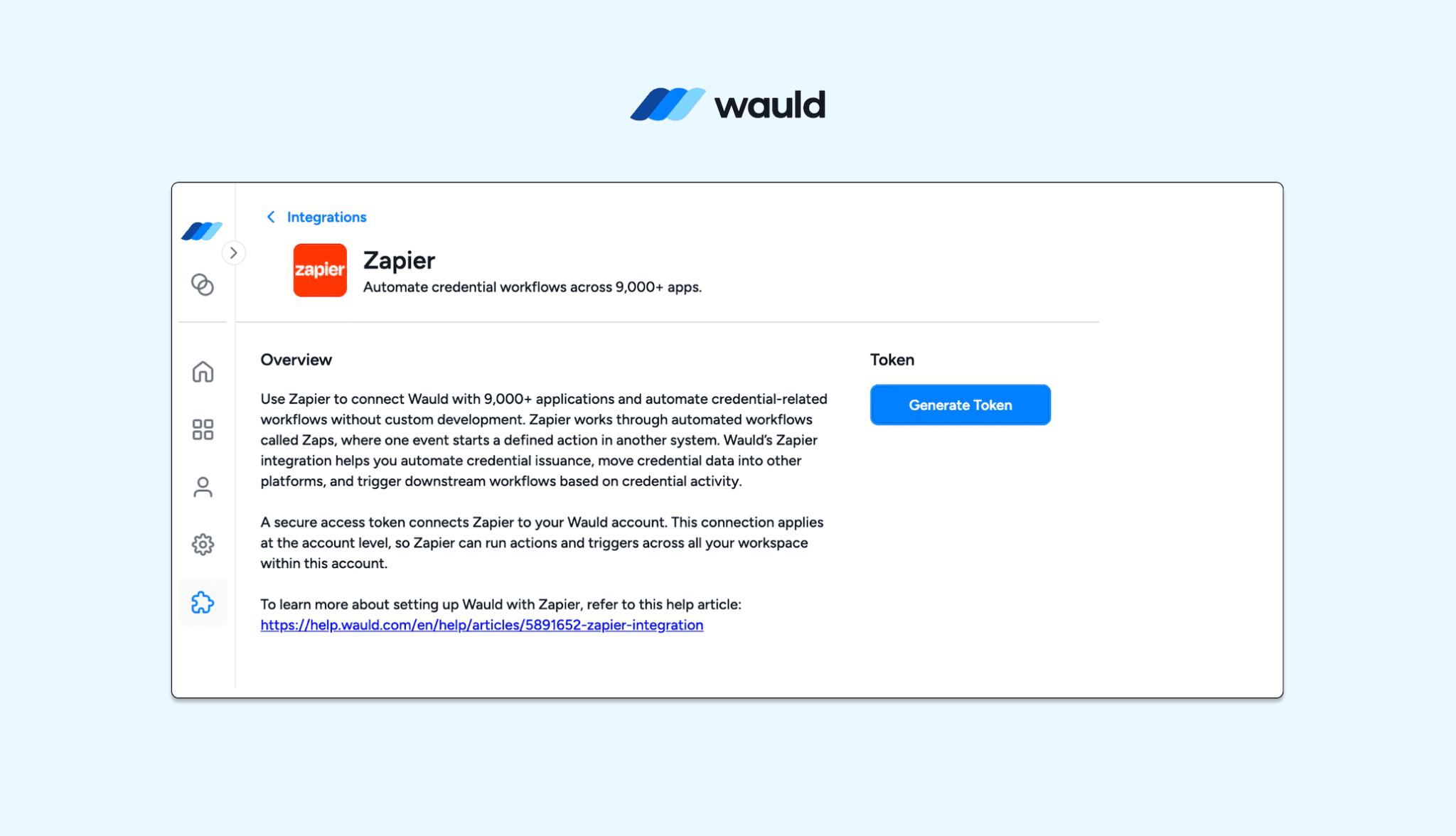 Generate a Zapier access token in the Wauld Integrations gallery