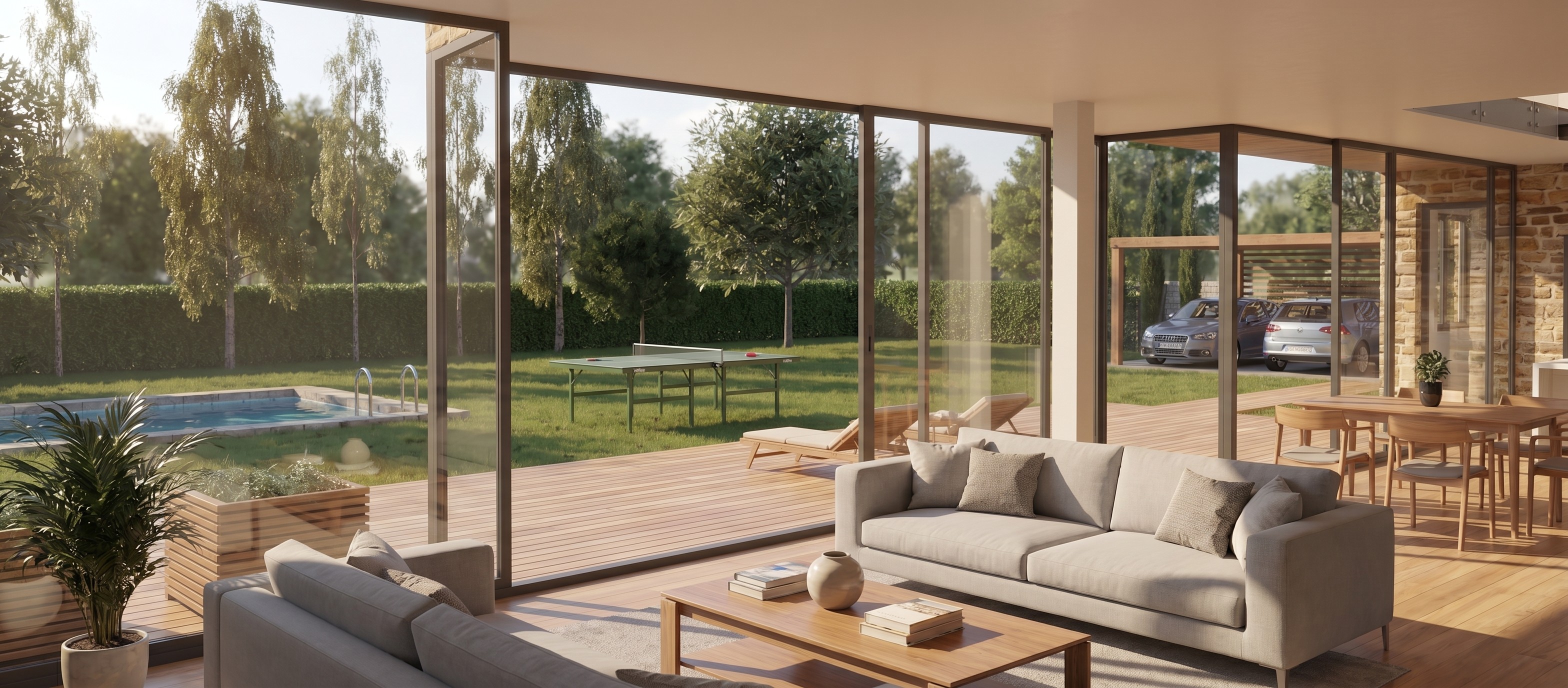 Isometrische Zeichnung eines Bauprojekts mit mehreren Gebäuden und markierten Strukturen in Rot