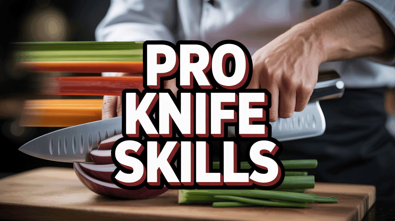Chef's Knife Skills Thumbnail Template featuring chef demonstrating knife technique with motion blur sliced vegetables and cut guide overlay