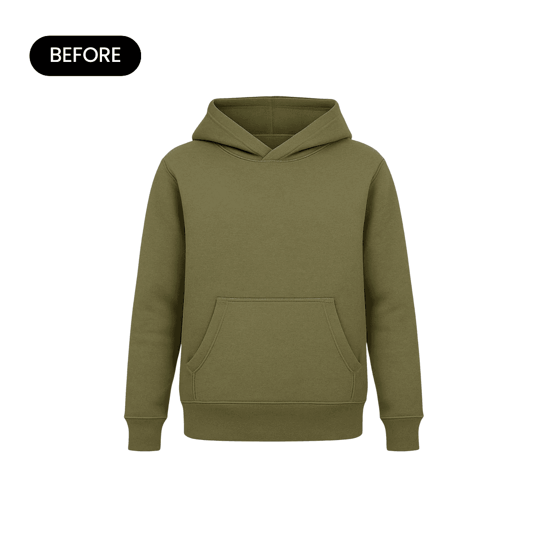 Original product photo of a green hoodie on a plain white background, before AI enhancement