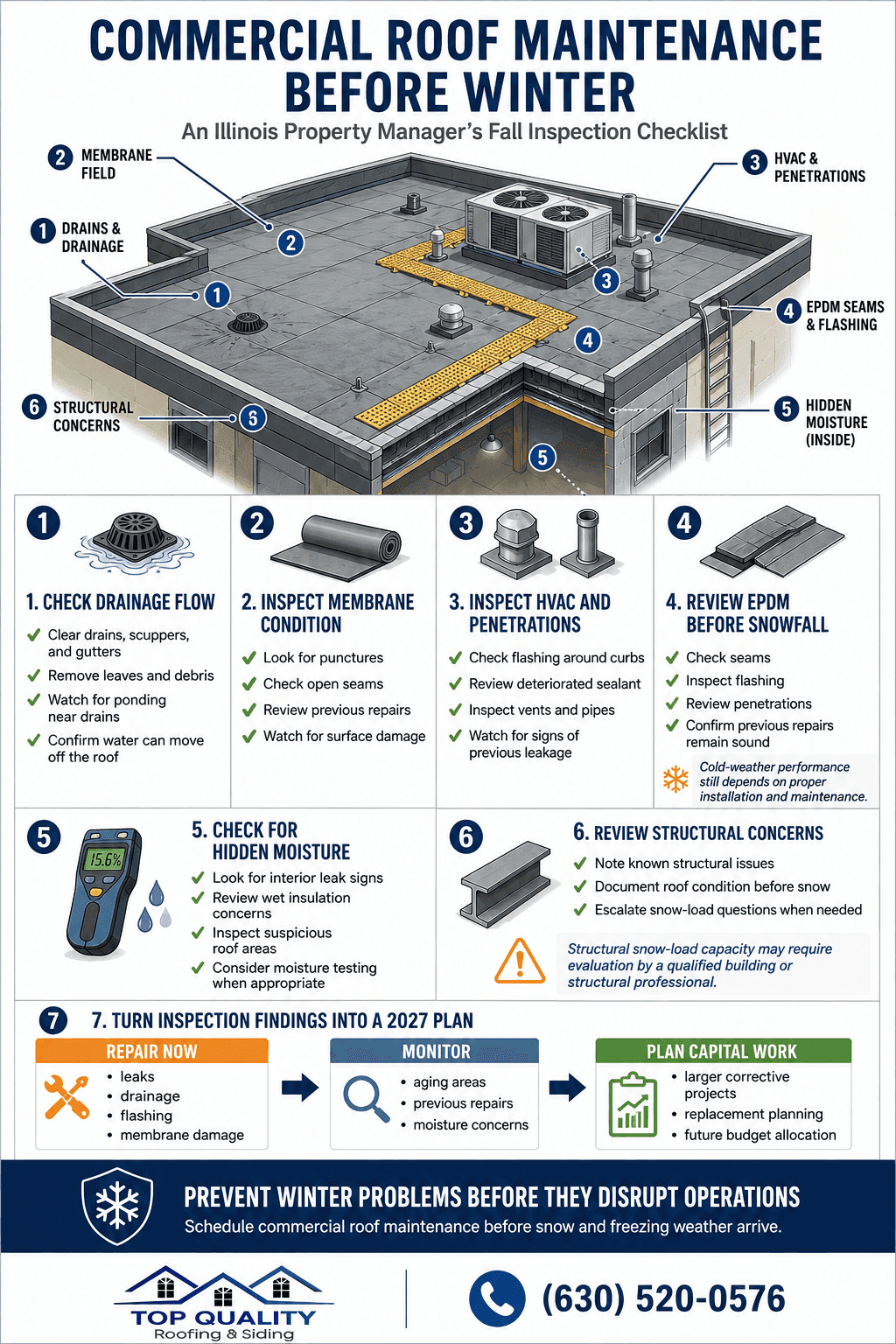 Custom infographic for Top Quality Roofing explaining commercial roof maintenance before winter for Illinois property managers. It covers drainage flow, membrane condition, rooftop HVAC and penetrations, EPDM seams and flashing, hidden moisture, structural concerns, and how inspection findings can support 2027 repair and capital planning.