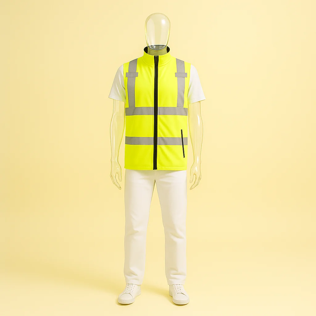hivis woven workwear, a mannequin wearing a hivis flouracent yellow safety jacket
