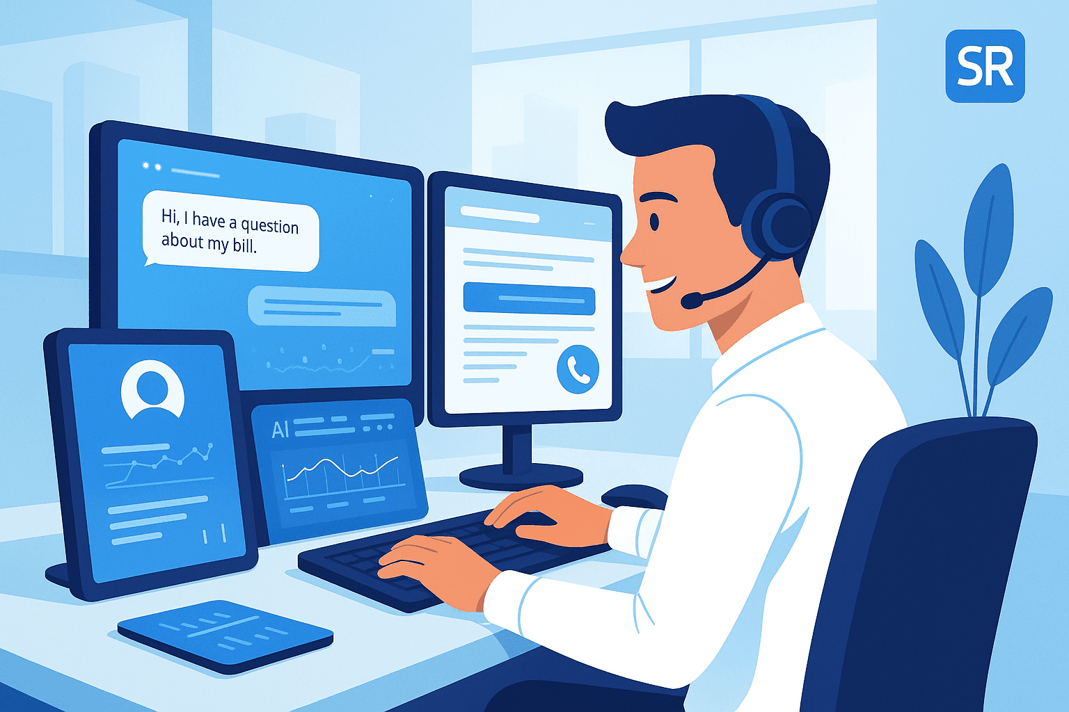 Illustration of a customer service agent training with a multi-channel simulation tool, showing chat, email, and phone interfaces with AI feedback in a modern office.