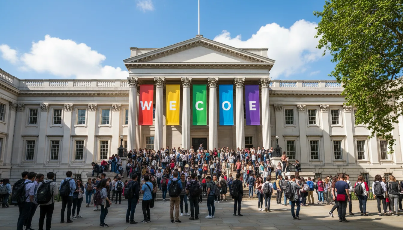 Wide-angle DSLR photo of the neoclassical facade of University College London (UCL), its grand portico decorated with seven large, vibrant, multi-colored vertical banners spelling out 'WELCOME'. A bustling crowd of students is gathered in the courtyard and on the steps below. The scene is shot in bright natural daylight under a clear blue sky with a few fluffy white clouds. The top of a leafy green tree frames the upper right corner.