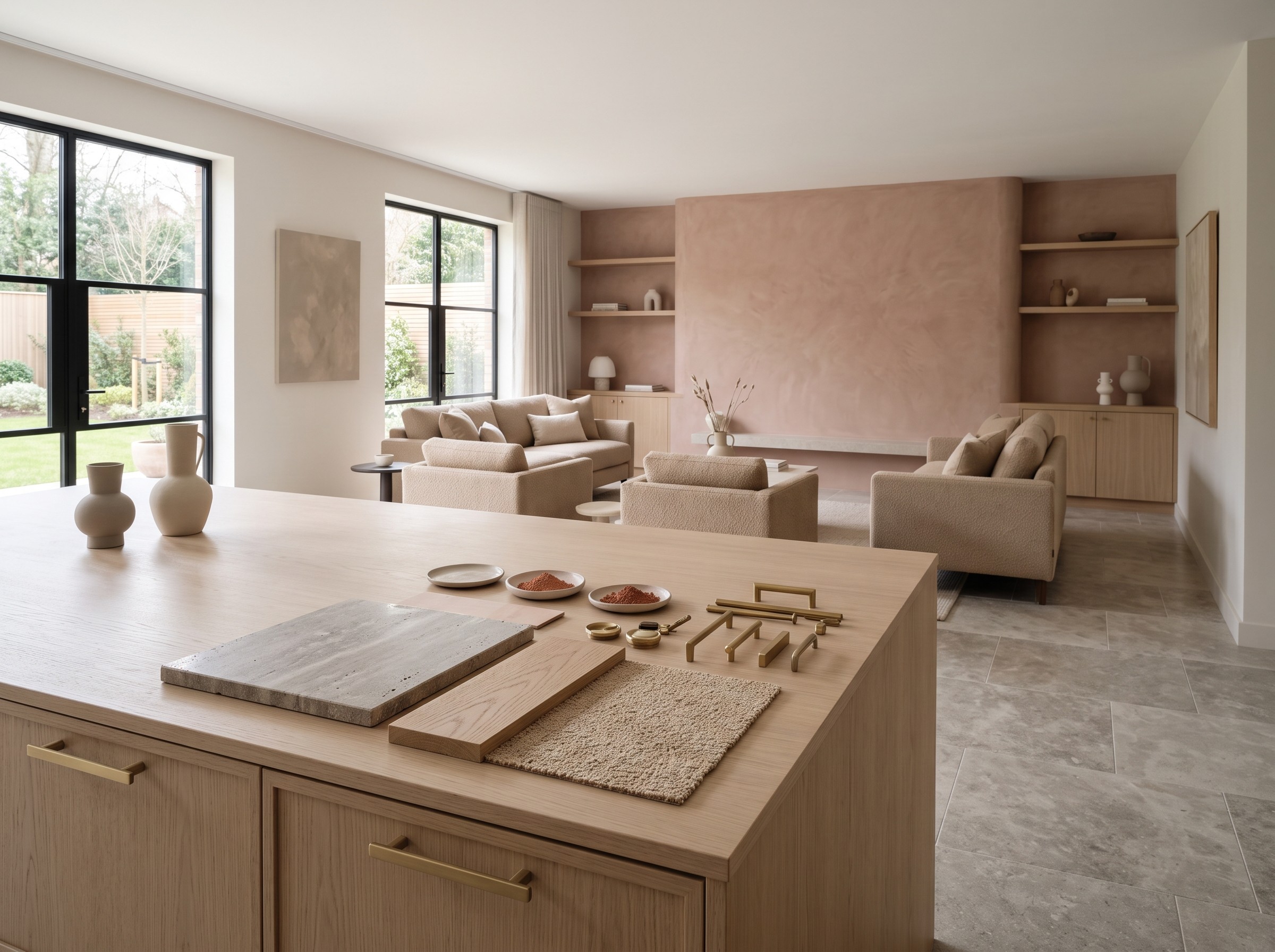Wide shot of a full show-home living room finished entirely from the palette.