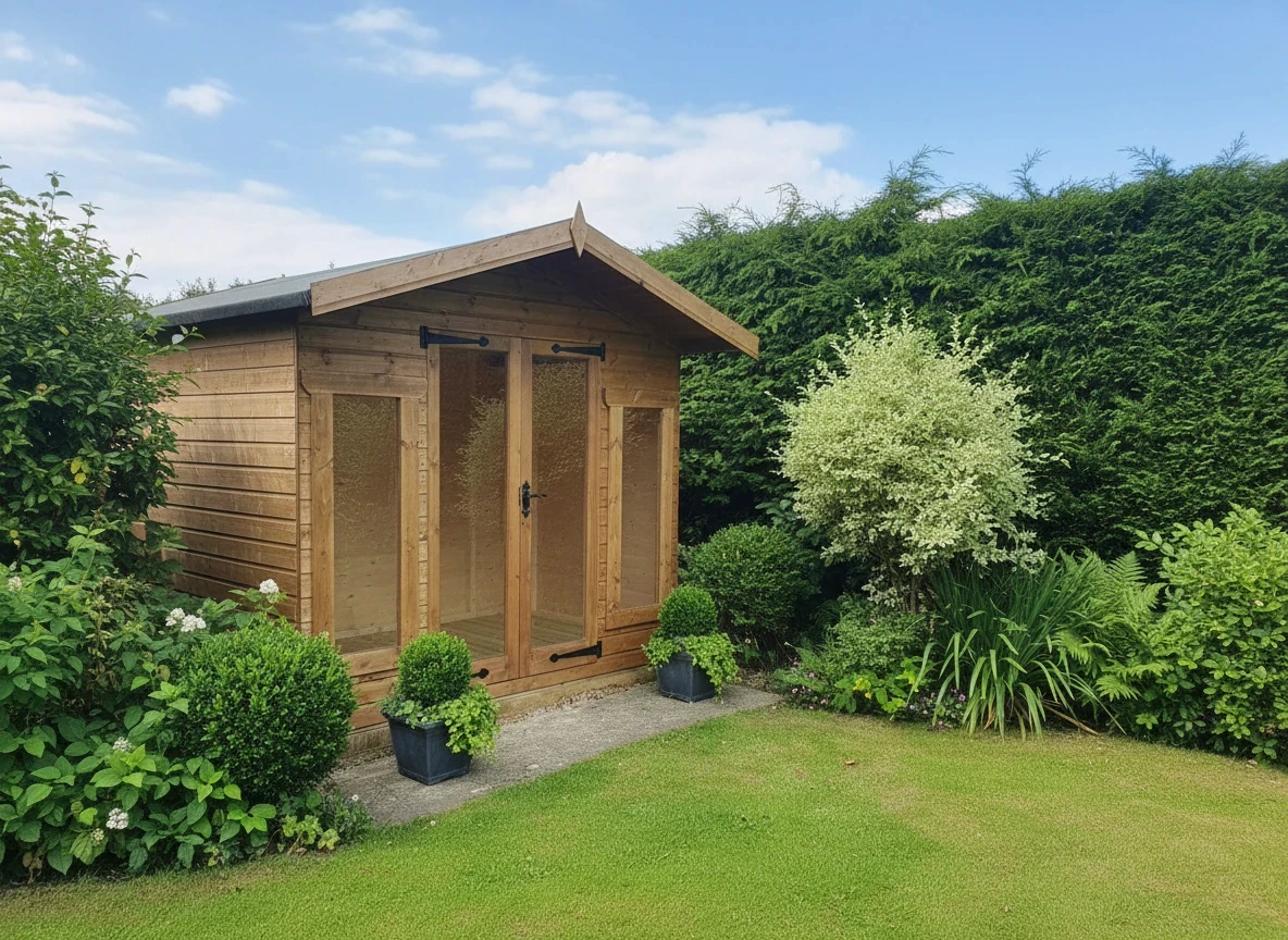 Apex timber summerhouse set among shrubs