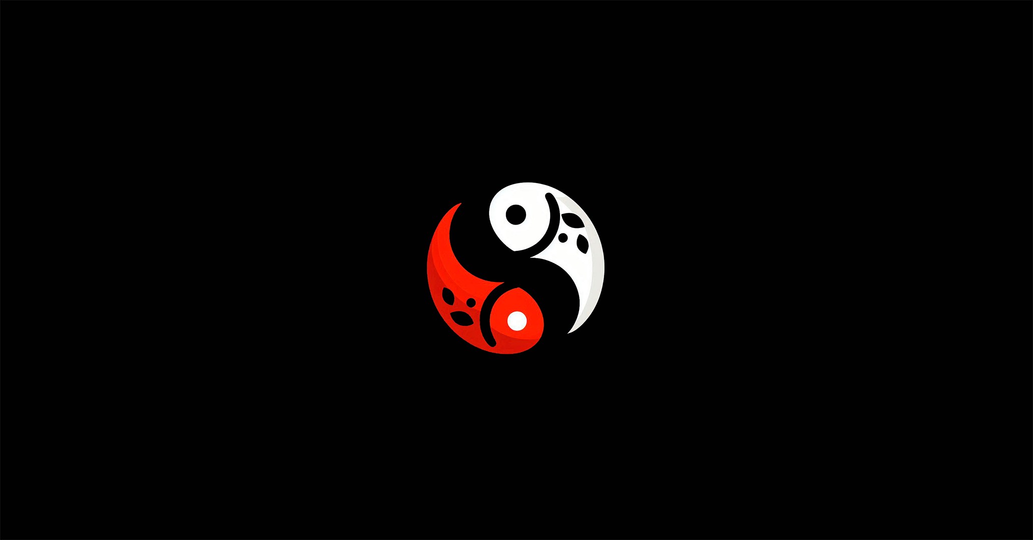 Yin and Yang fishes of red and white colors on the black background