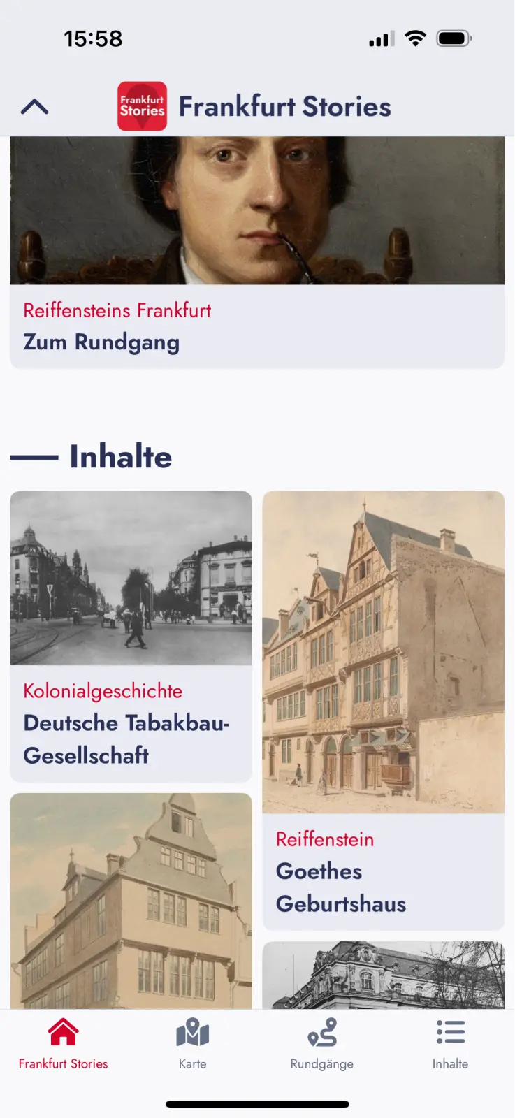 Screenshot der FH-App mit Übersicht des Themenfelds "Inahlte"