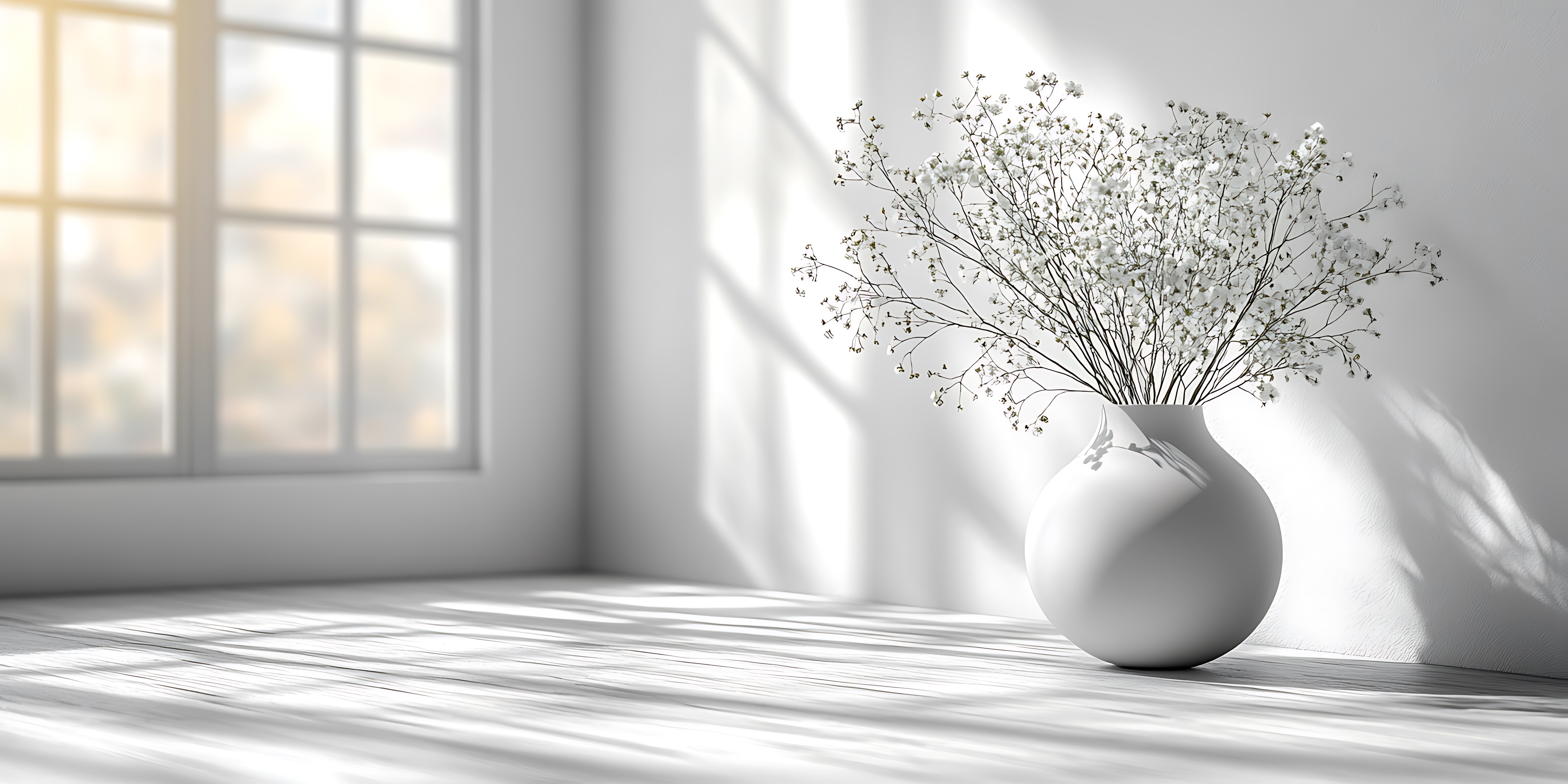 White vase with flowers next to a window.