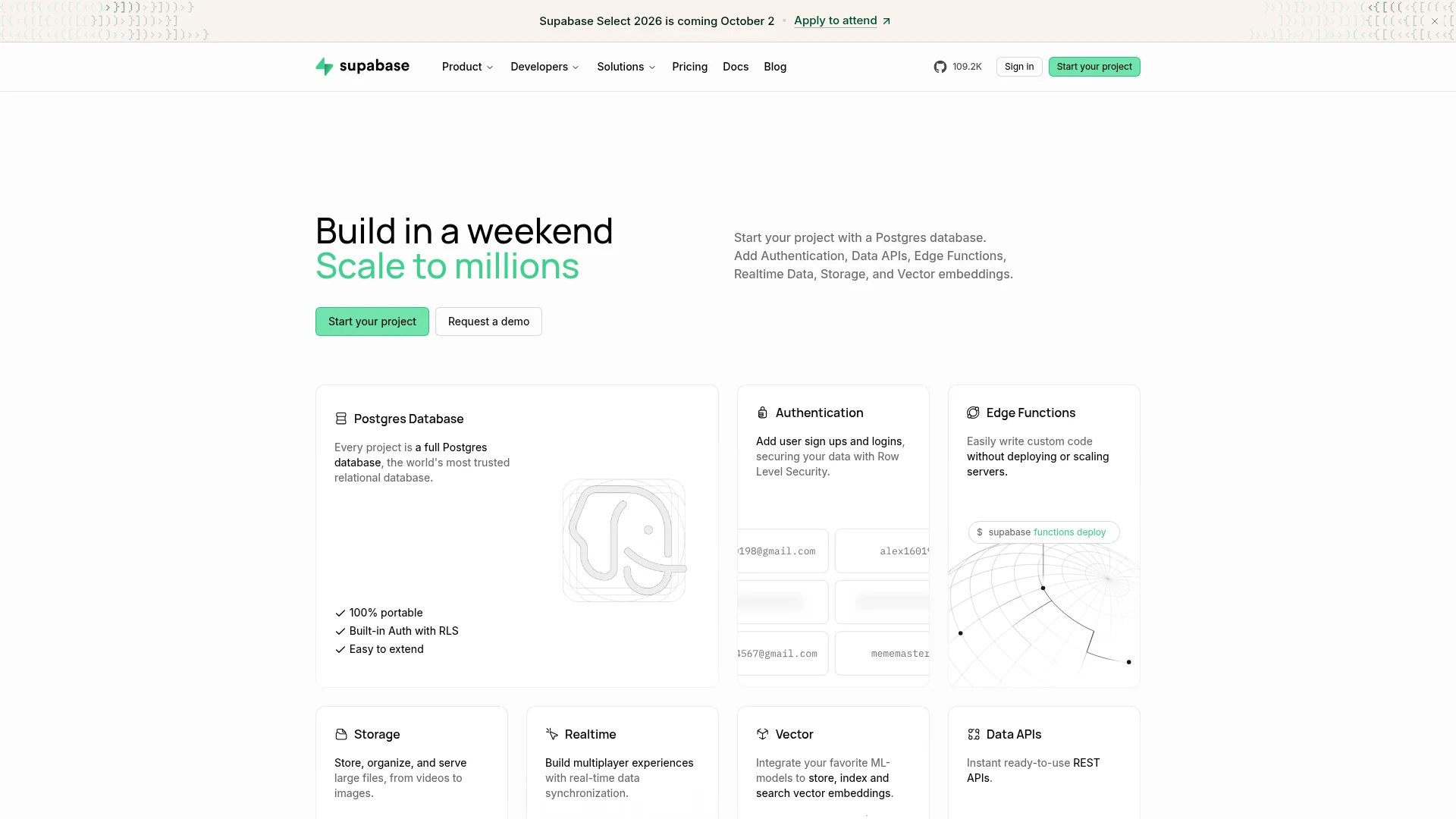 Supabase homepage in 2026 showing the open-source Postgres backend platform.