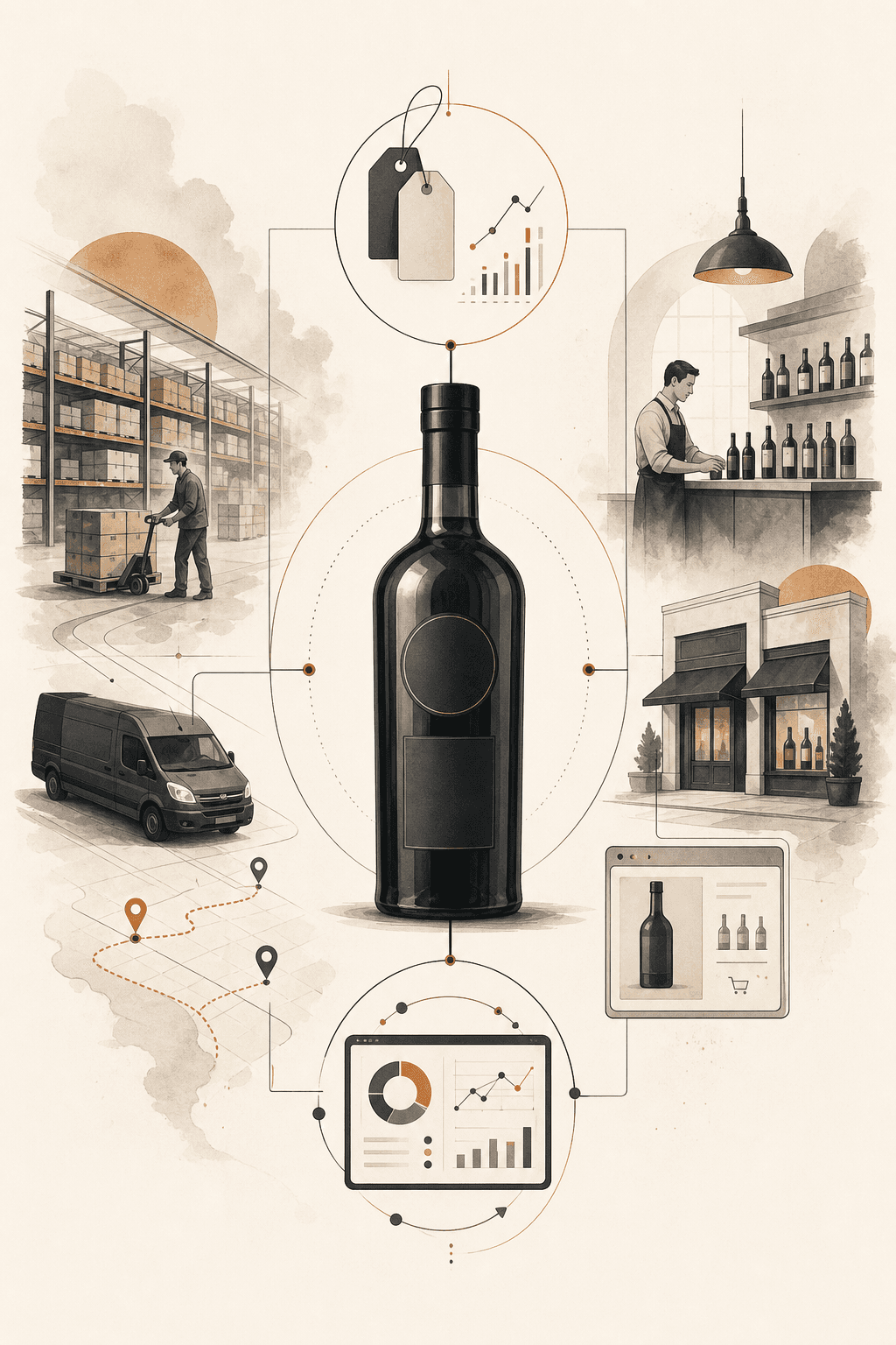 Editorial illustration about alcohol brand market control, showing visibility across pricing, stock, data, and channels.