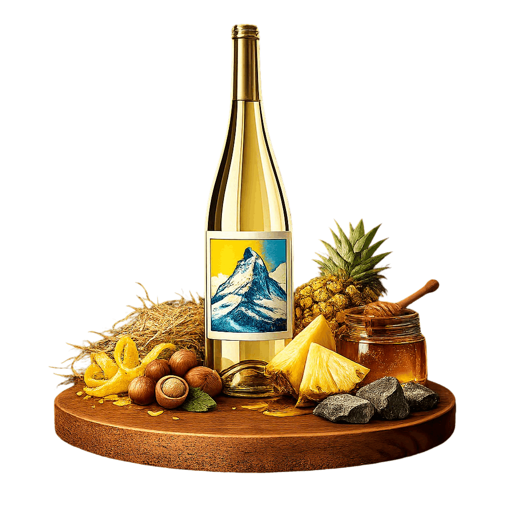 Artistic label and flavor profile for Swiss Heida on a rustic wooden table.