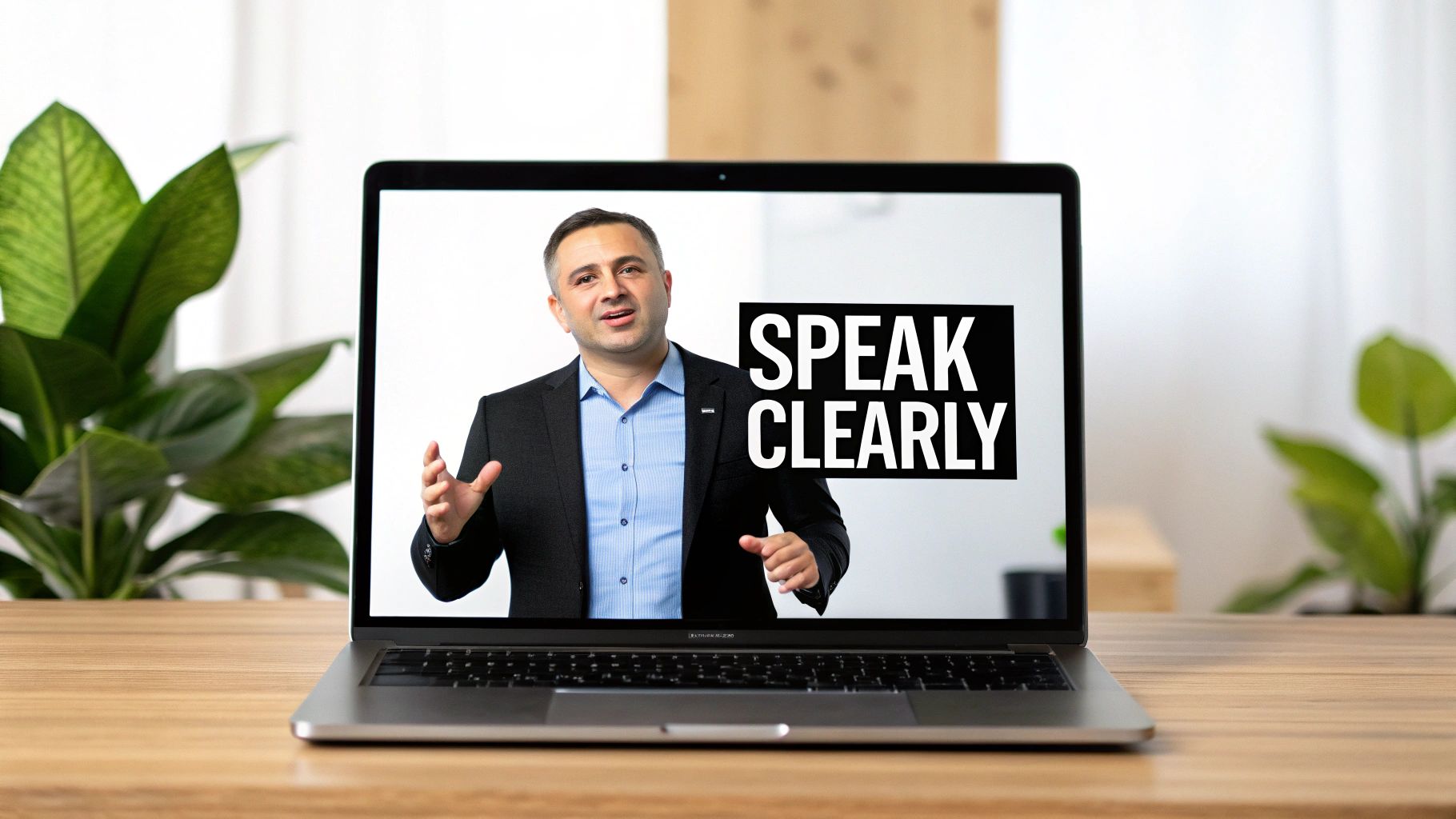 A laptop on a wooden desk displaying a man giving a presentation with 'SPEAK CLEARLY' text.