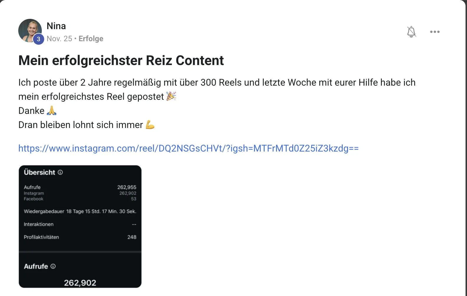 Mitglied der KI Creator Akademie: Ninas Reiz-Content-Reel erreicht über 262.000 Aufrufe