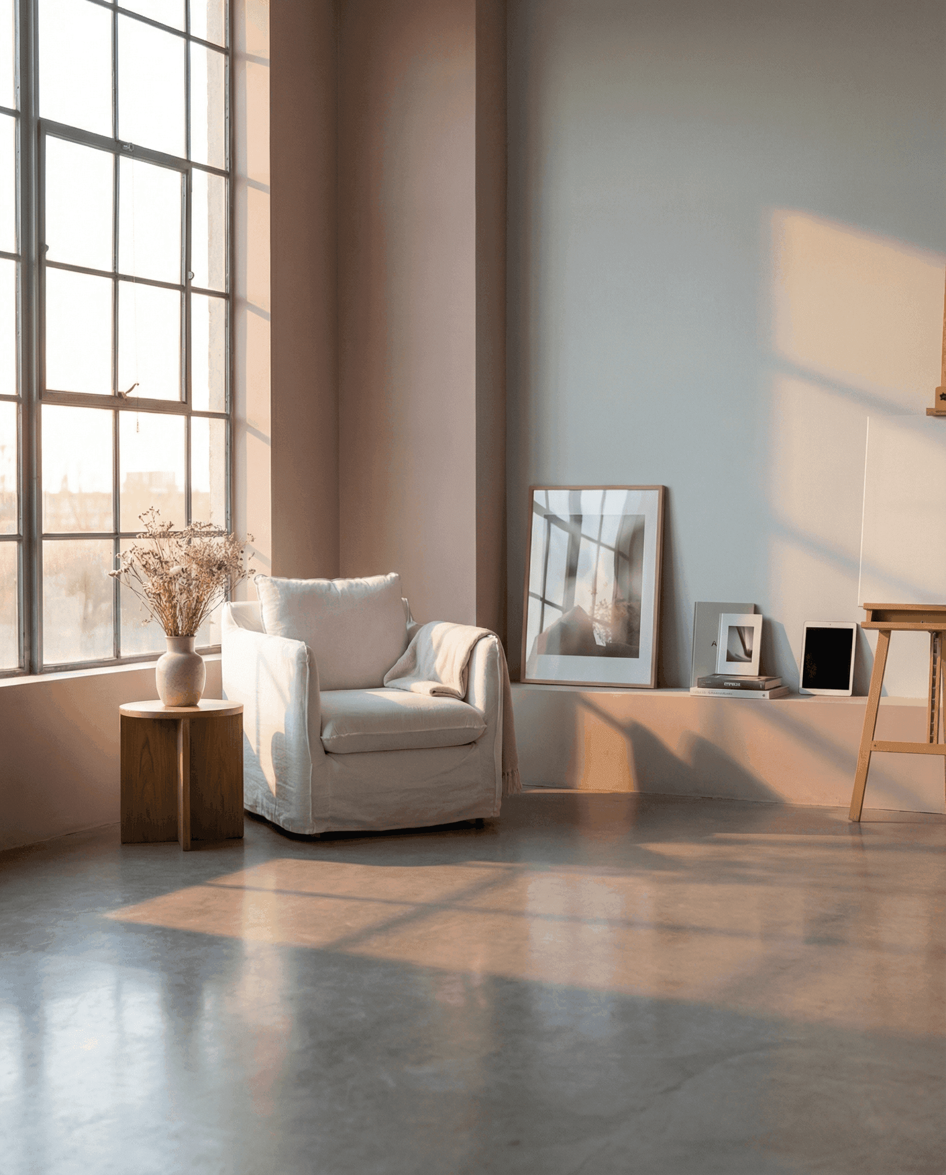Bright modern living room with sunlight, armchair, and minimalist decor.