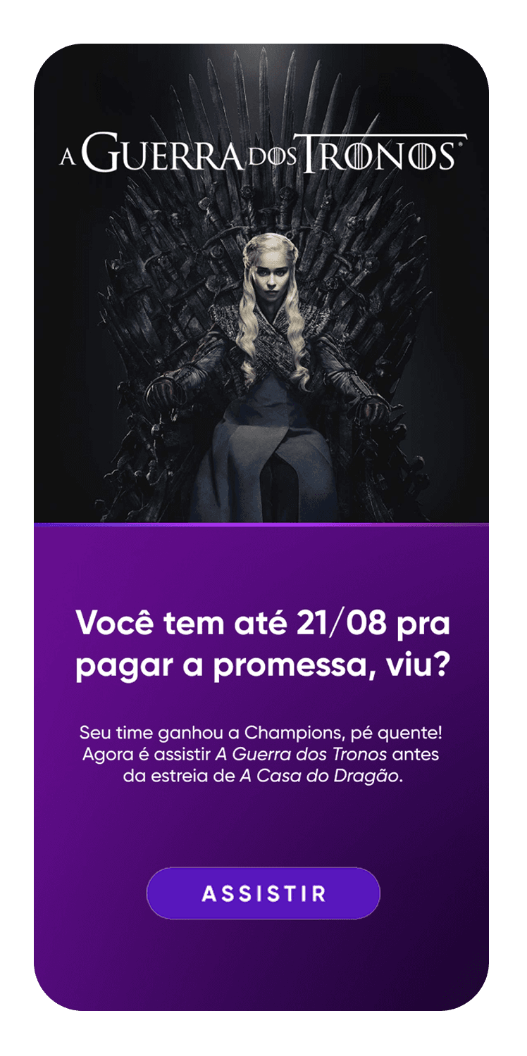 Mobile app screen inviting users to fulfill their promise and watch Game of Thrones on HBO Max.