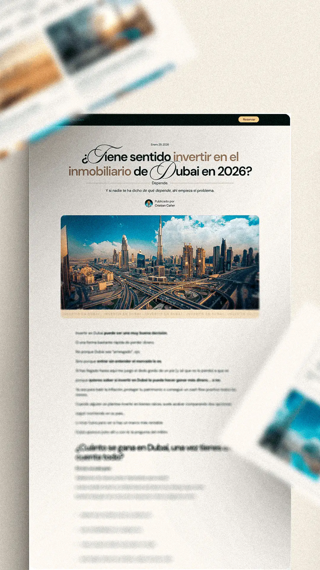 Mockup de un artículo editorial sobre inversión inmobiliaria en Dubái mostrado en una página web