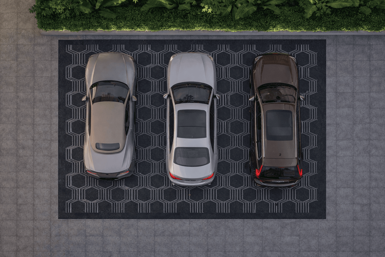 Waves stone paving layout applied in organized parking space with geometric curved pattern