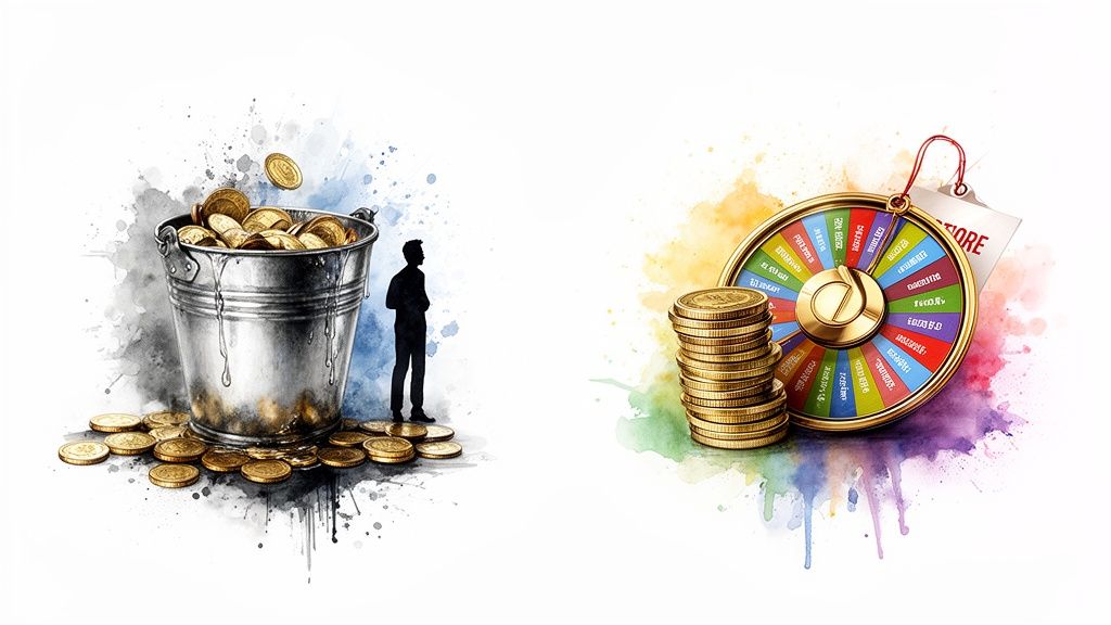 Watercolor illustration depicting financial choice: a man with a bucket of coins and a prize wheel.